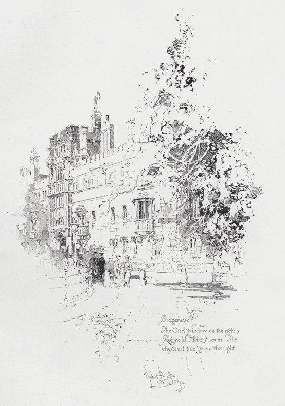 Brasenose College, Oxford, som viser rommet til den engelske presten og forfatteren Reginald Heber (litho) av Herbert (after) Railton