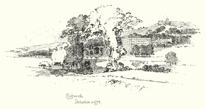 Chatsworth, Derbyshire, i 1775 (litho) av Herbert (after) Railton