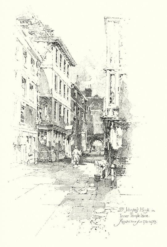 Dr Johnsons hus, Inner Temple Lane, bodde der fra 1760 til 1765 (litho) av Herbert (after) Railton