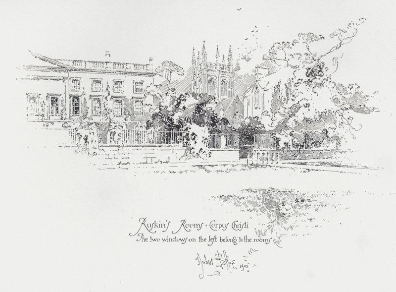 Den engelske kunstkritikeren John Ruskins rom ved Corpus Christi College, Oxford (litho) av Herbert (after) Railton