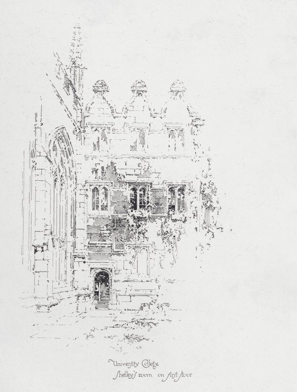 Den engelske poeten Percy Bysshe Shelleys rom i første etasje på University College, Oxford (litho) av Herbert (after) Railton