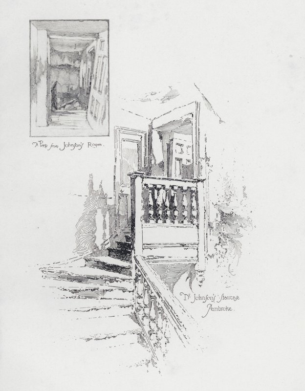 Den engelske forfatteren Samuel Johnsons rom og trapp, Pembroke College, Oxford (litho) av Herbert (after) Railton