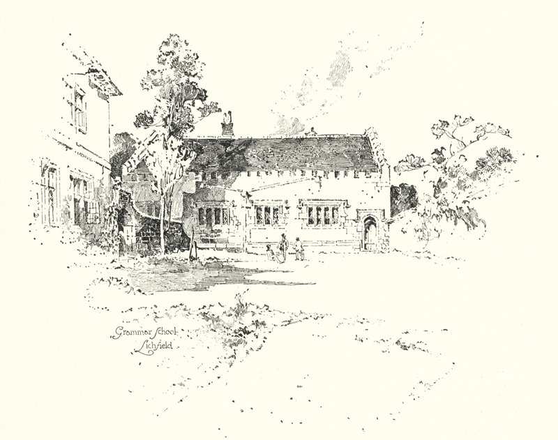 Grammar School, Lichfield, hvor Dr Johnson gikk på skolen (litho) av Herbert (after) Railton