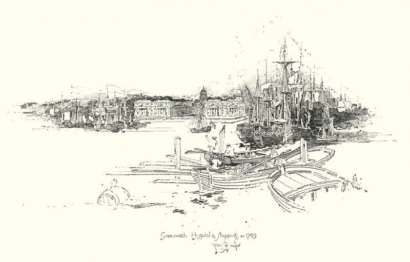 Greenwich Hospital og frakt, i 1749 (litho) av Herbert (after) Railton