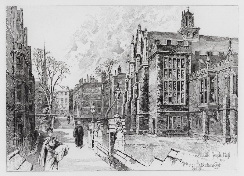 Middle Temple Hall and Fountain Court (gravering) av Herbert (after) Railton