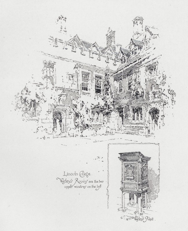 Prekestol brukt av den engelske metodistpredikanten John Wesleys og rommene hans ved Lincoln College, Oxford (litho) av Herbert (after) Railton