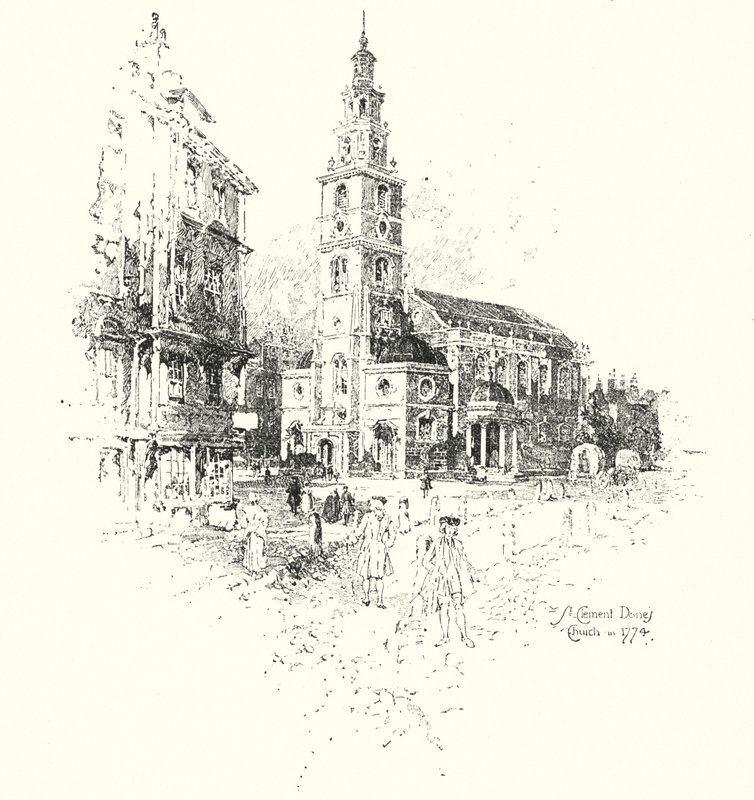 St Clement Dane's Church, London, i 1774 (litho) av Herbert (after) Railton