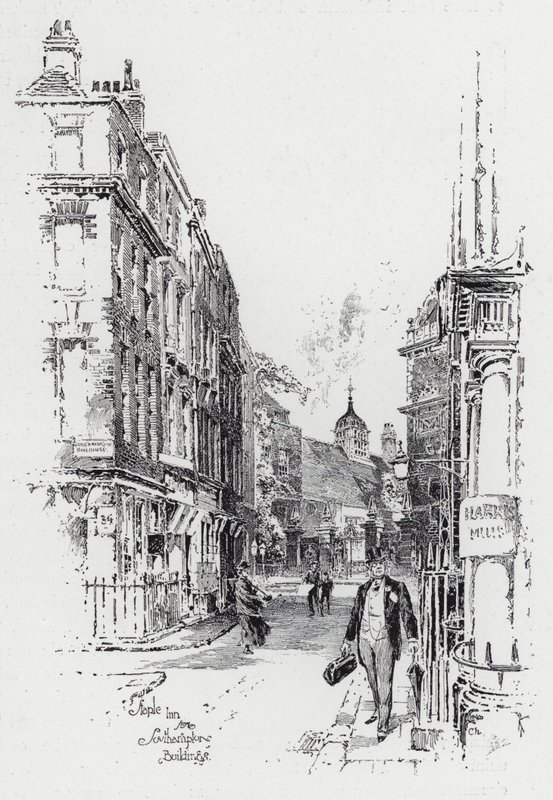 Staple Inn fra Southampton Buildings (gravering) av Herbert (after) Railton