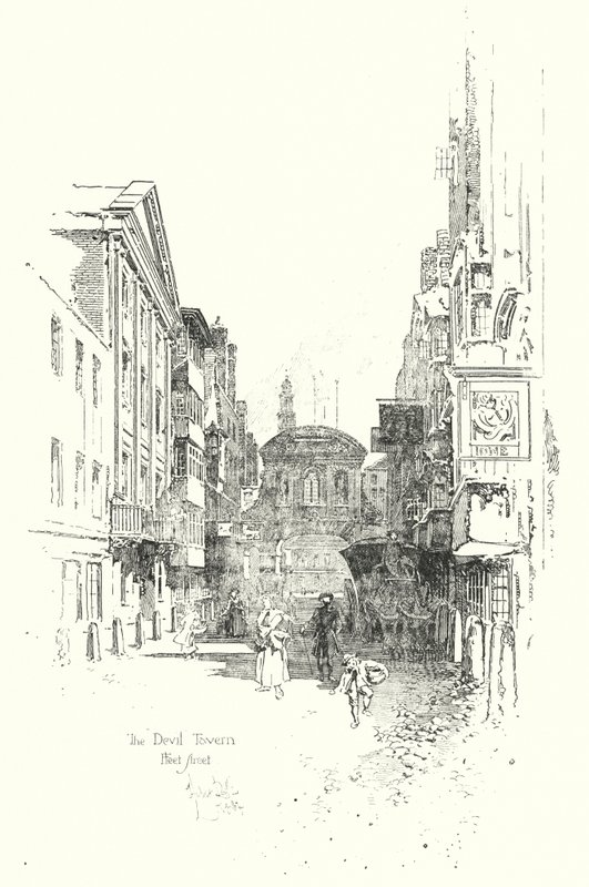 The Devil Tavern, Fleet Street, på Dr Johnsons tid (litho) av Herbert (after) Railton