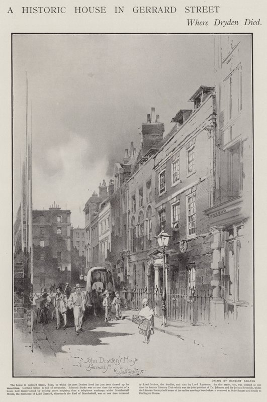 Huset på Gerrard Street, London, hvor poeten John Dryden døde i 1700 (litho) av Herbert (after) Railton