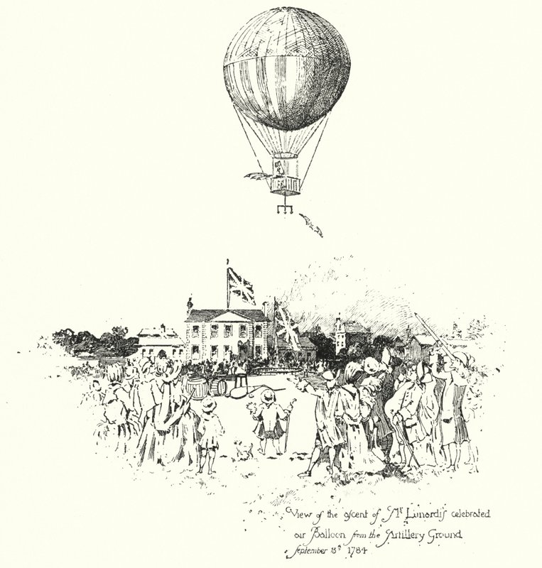 Utsikt over oppstigningen til Mr Lunardis Celebrated Air Balloon, fra Artillery Ground av Herbert (after) Railton