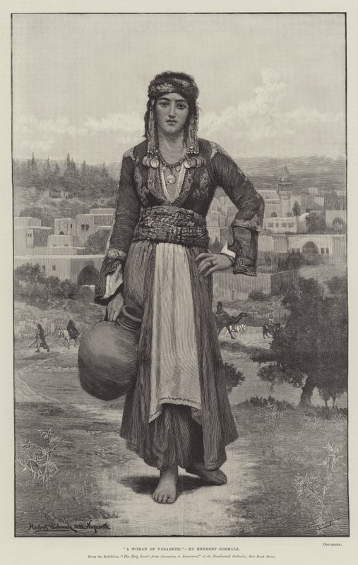A Woman of Nazareth, fra utstillingen The Holy Land, fra Jerusalem til Damaskus, på Dowdeswell Galleries, New Bond Street av Herbert Gustave Schmalz