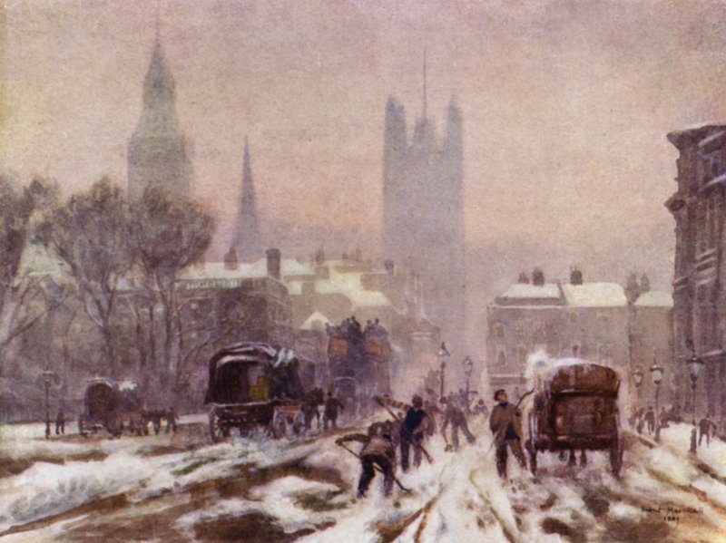 A Snowy Morning, Whitehall (farge litho) av Herbert Menzies (after) Marshall