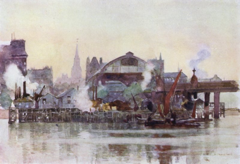 Charing Cross Station fra elven (farge litho) av Herbert Menzies (after) Marshall