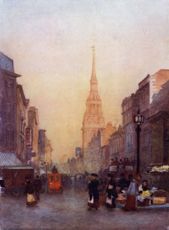 Cheapside, Bow Church i avstand (farge litho) av Herbert Menzies (after) Marshall
