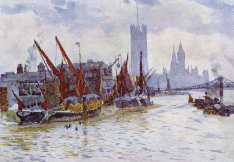Høylektere som ligger utenfor Horseferry ved Westminster (farge litho) av Herbert Menzies (after) Marshall