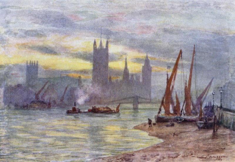 Houses of Parliament fra Lambeth (farge litho) av Herbert Menzies (after) Marshall