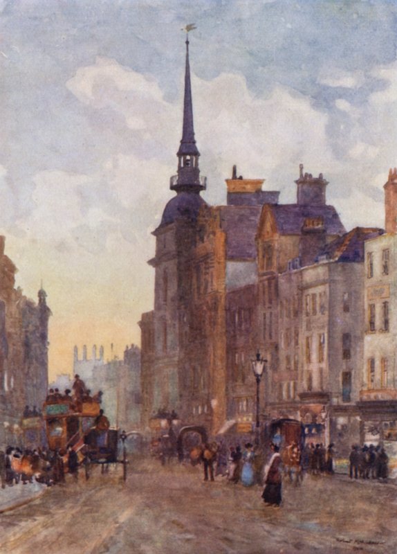 Ser ned Ludgate Hill fra Steps of St Paul's (farge litho) av Herbert Menzies (after) Marshall