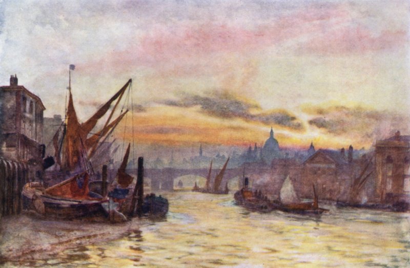 Lavvann ved Southwark (farge litho) av Herbert Menzies (after) Marshall