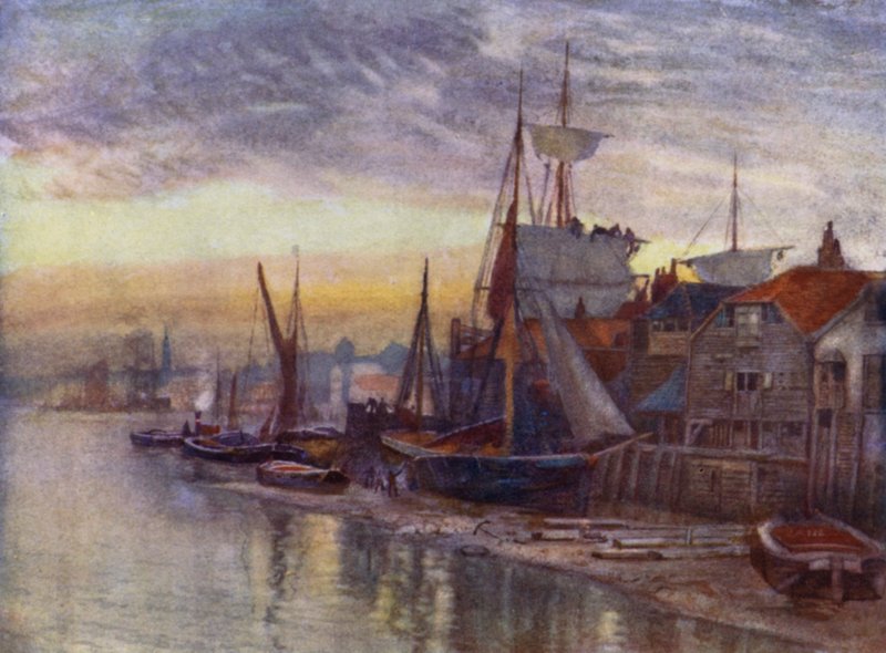 Old Essex Wharf (farge litho) av Herbert Menzies (after) Marshall