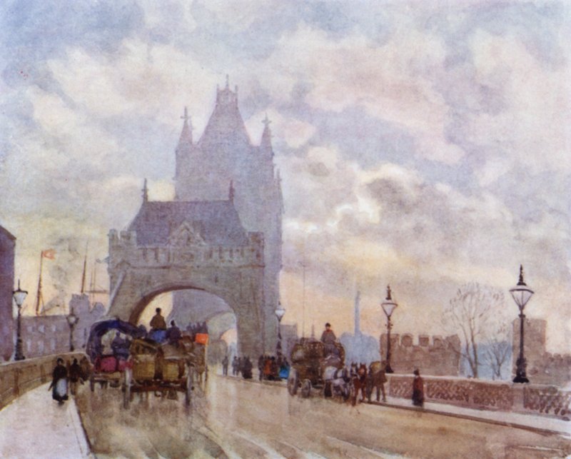 På Tower Bridge (farge litho) av Herbert Menzies (after) Marshall
