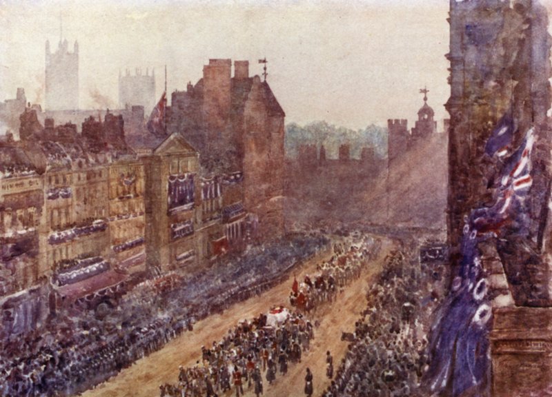Dronning Victorias begravelse, 2. februar 1901 (farge litho) av Herbert Menzies (after) Marshall