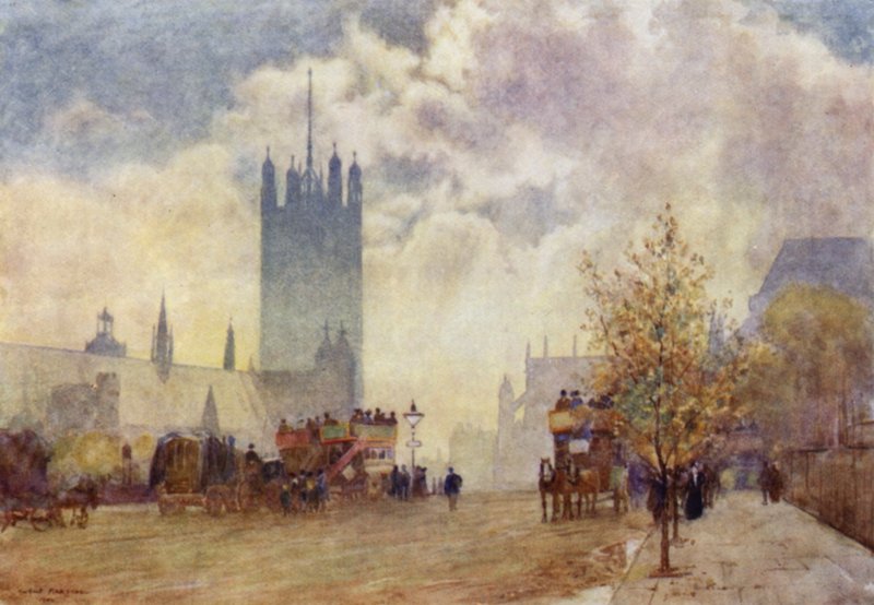Victoria Tower og East End of Westminster Abbey (farge litho) av Herbert Menzies (after) Marshall