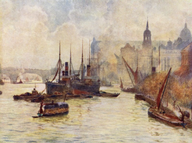 Utsikt fra Tower Bridge (farge litho) av Herbert Menzies (after) Marshall