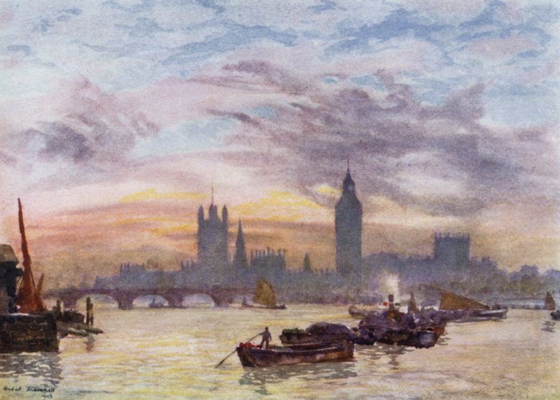 Westminster Towers (farge litho) av Herbert Menzies (after) Marshall