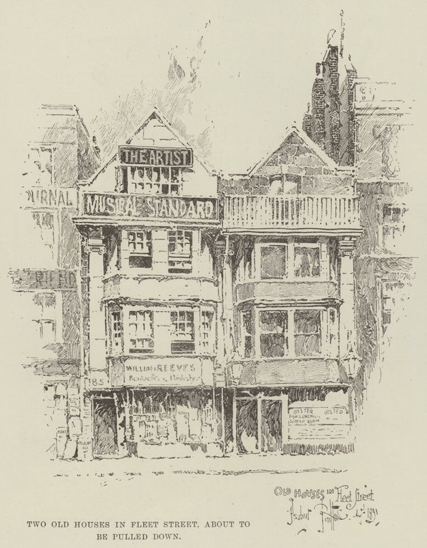 To gamle hus i Fleet Street, i ferd med å bli revet ned av Herbert Railton