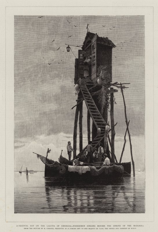 En festivaldag på lagunaen i Chioggia, fiskere synger foran Madonna-helligdommen av Hermann David Salomon Corrodi
