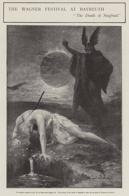 Wagner-festivalen i Bayreuth: Siegrfrieds død (litho) av Hermann (after) Hendrich