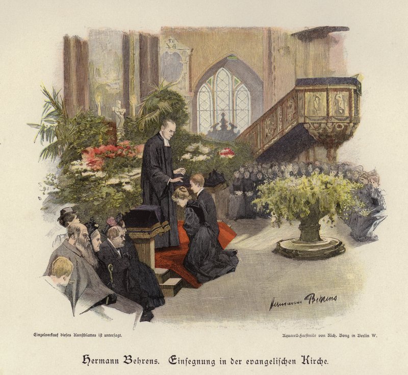 Konfirmasjonsgudstjeneste i en evangelisk kirke (farget gravering) av Hermann Behrens