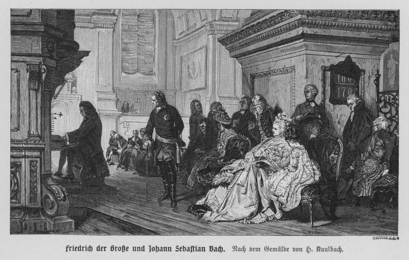 Johann Sebastian Bach spiller for Fredrik den store, kongen av Preussen (gravering) av Hermann Kaulbach