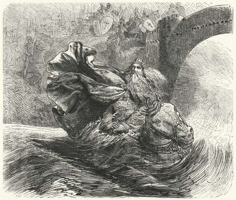 Frederick Barbarossa drukner i elven Saleph på det tredje korstoget, 1190 av Hermann Vogel