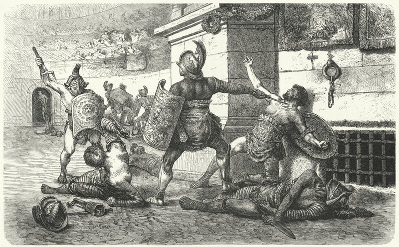 Gladiatorer som kjemper på arenaen i det gamle Roma av Hermann Vogel