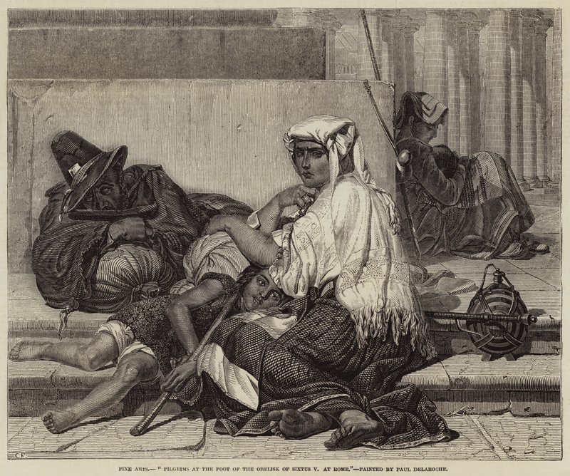 Pilegrimer ved foten av Obelisken til Sixtus V i Roma av Hippolyte Delaroche
