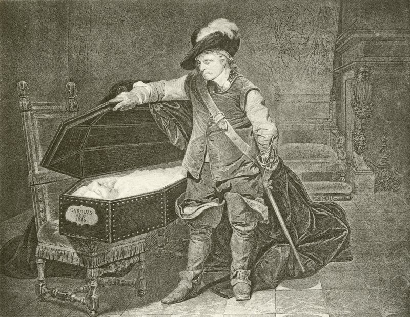 Oliver Cromwell ser på liket av kong Charles I (gravyr) av Hippolyte Delaroche