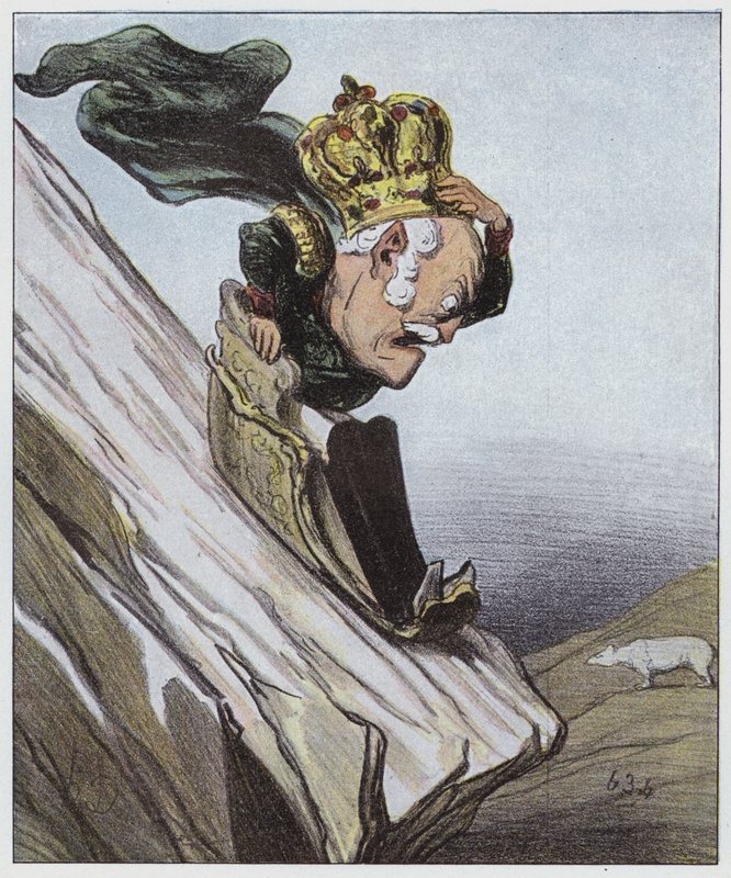 På en noe farlig skråning (farge litho) av Honore (after) Daumier