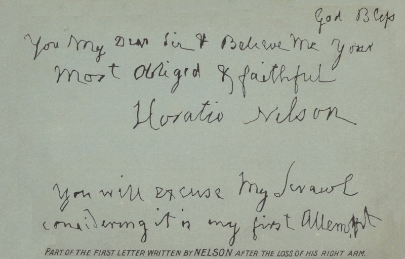 En del av det første brevet skrevet av Nelson etter tapet av høyre arm av Horatio Nelson