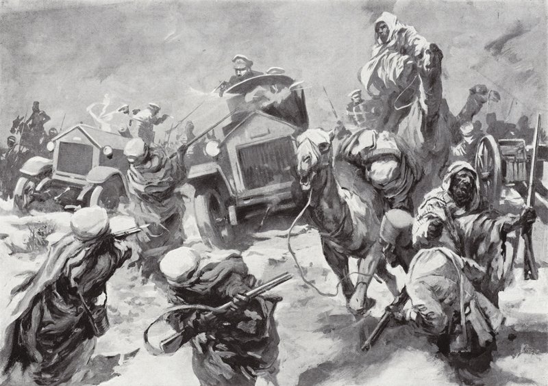 Hertugen av Westminster og hans panserbiler skynder seg til unnsetning av skipbrudne mannskaper beslaglagt av Senussi, Cyrenaica, Nord-Afrika, 17. mars 1916 av Howard K. Elcock