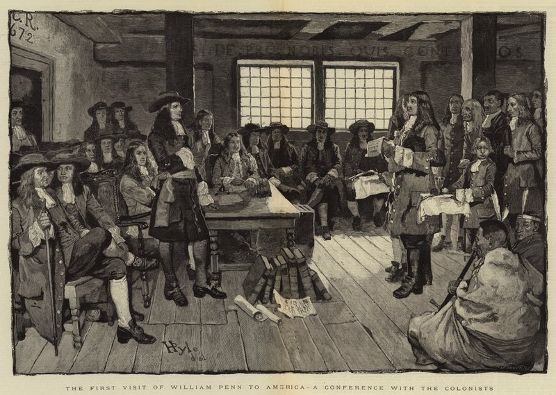 Det første besøket av William Penn til Amerika, en konferanse med kolonistene av Howard Pyle