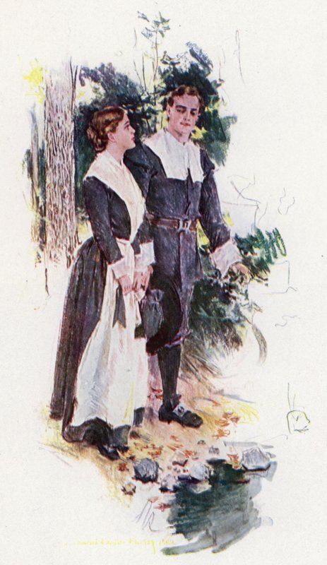 Illustrasjon for The Courtship of Miles Standish av Henry Wadsworth Longfellow (litho-farge) av Howard Chandler (after) Christy