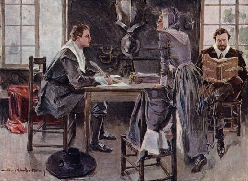 Illustrasjon for The Courtship of Miles Standish av Henry Wadsworth Longfellow (litho-farge) av Howard Chandler (after) Christy