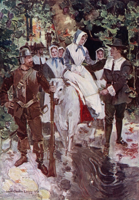 Illustrasjon for The Courtship of Miles Standish av Henry Wadsworth Longfellow (litho-farge) av Howard Chandler (after) Christy