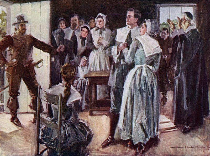 Illustrasjon for The Courtship of Miles Standish av Henry Wadsworth Longfellow (litho-farge) av Howard Chandler (after) Christy