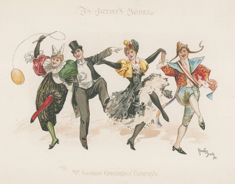 En gruppe på to menn og to kvinner, alle i kostymer, mens de danser (fargelitografi) av Howard Davie