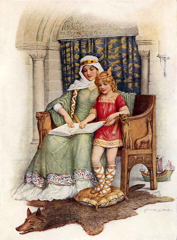 Alfred den store lærer å lese (farge litho) av Howard Davie