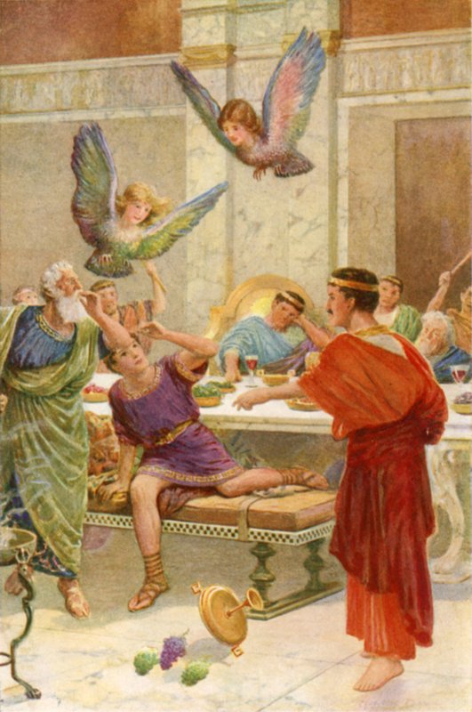 "Ned kom to fryktsomme monstre, som mennesket aldri så" (farge litho) av Howard Davie
