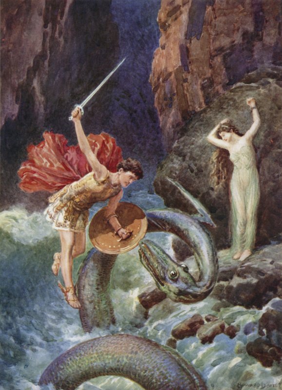 Ned fra luftens høyde falt Perseus. Fra hvordan Perseus kom til Etiops (farge litho) av Howard Davie